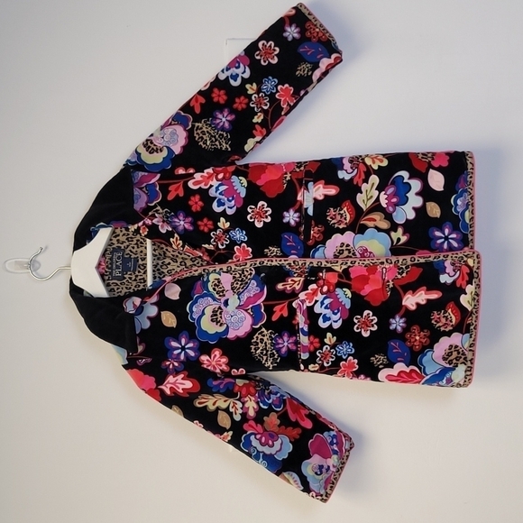 Children' Place Black Multicolored Floral Velvet Peacoat Leopard Details S 5/6
